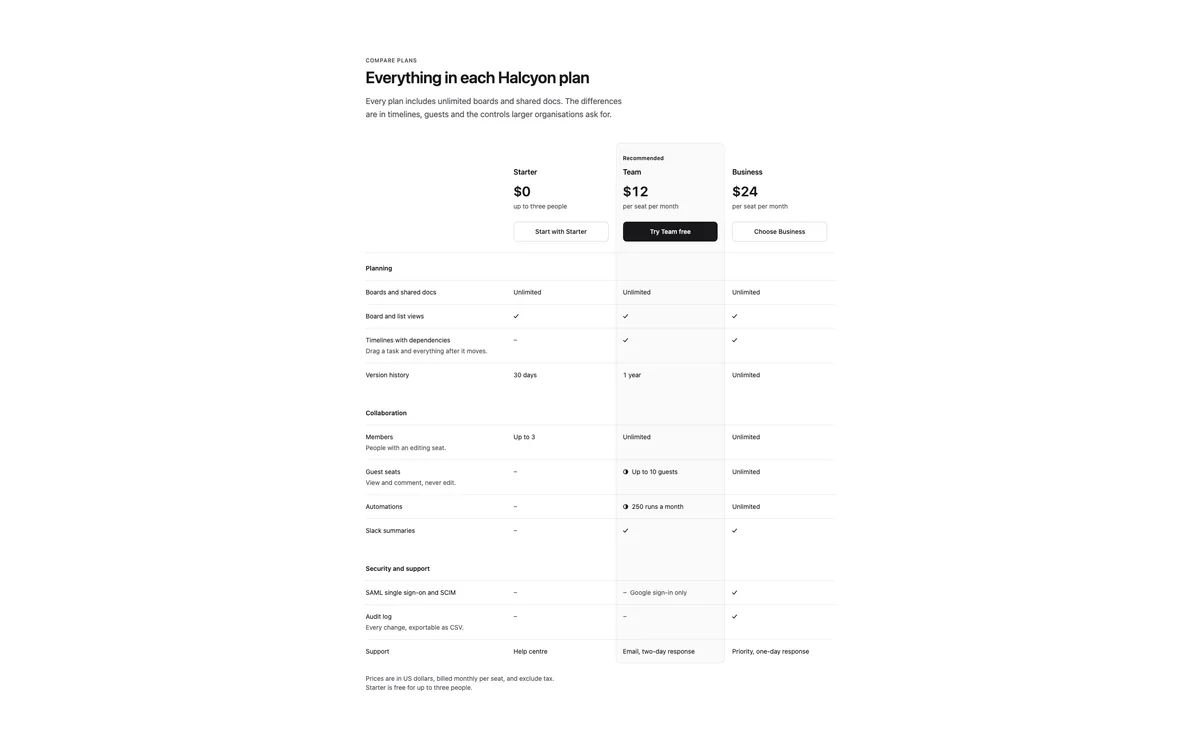 Pricing comparison table preview