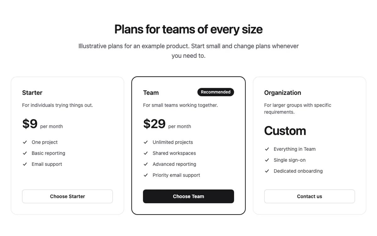 Simple pricing grid preview